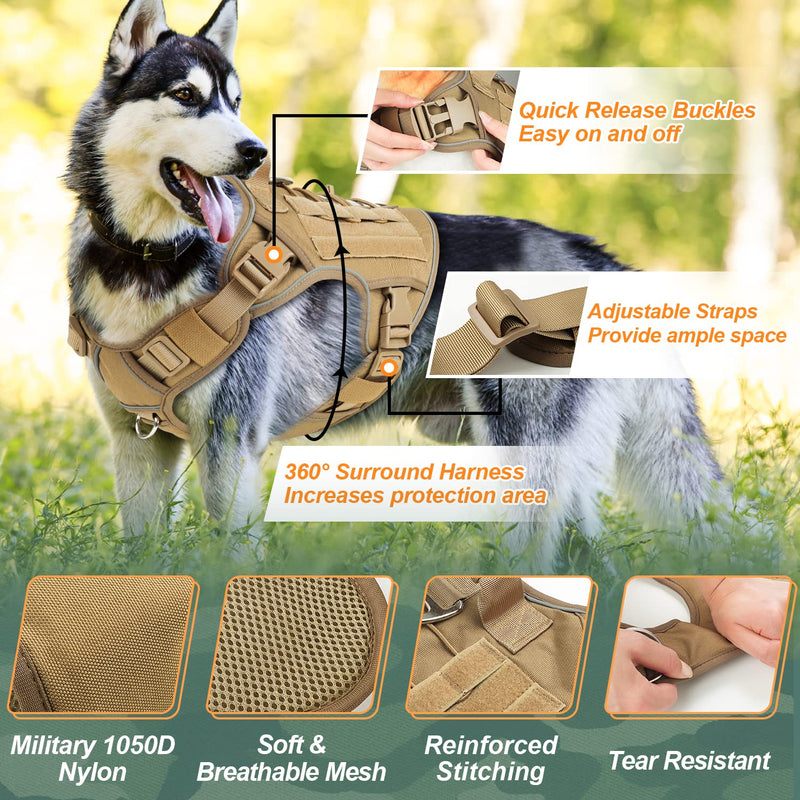 Tactical Dog Harness Vest for Small Medium Large Dogs No Pull Adjustable Reflective Military Pet Harness with Easy Control Handle with Hook & Loop Panels for Walking Hiking Training - PawsPlanet Australia