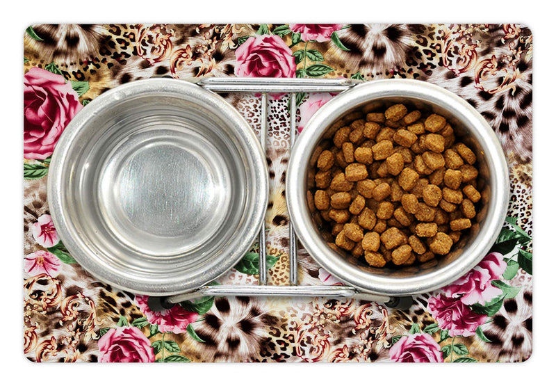 [Australia] - Lunarable Leopard Pet Mat for Food and Water, Exotic Jungle Nature Theme with Furry Animal Skin Pink Rose and Hibiscus Blossoms, Non-Slip Rubber Mat for Dogs and Cats, 18" X 12", Brown Pink 