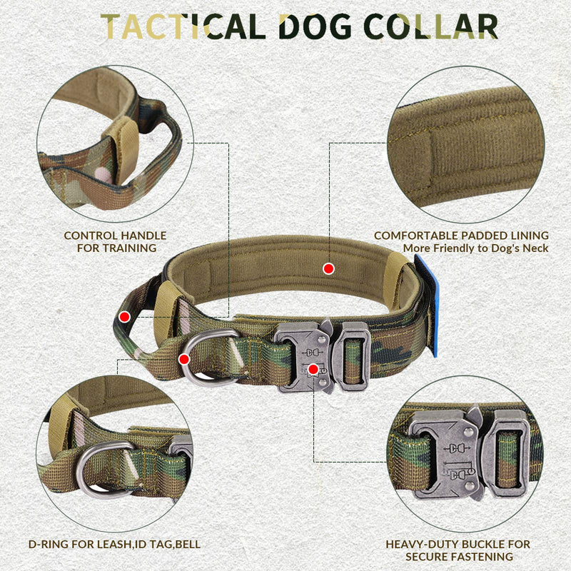 Tactical Dog Collar with USA American Flag & Reflective Patch, 1.5" Width Adjustable K9 Military Collar with Heavy Duty Metal Buckle & Control Handle for Medium Large XL Dogs M(14"-17.5") Camo - PawsPlanet Australia