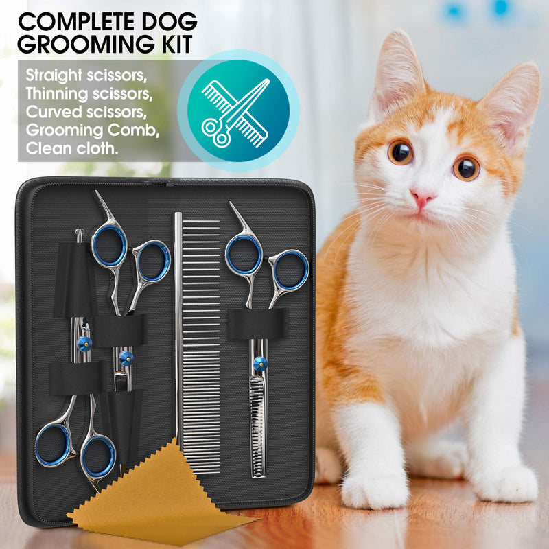 [Australia] - STÙNICK Professional Cat & Dog Grooming Scissor Set - Stainless Steel Straight and Curved Pet Scissors with Safety Round Tip - Heavy Duty Titanium Coated Thinning Shear and Pet Comb for Dogs and Cats 