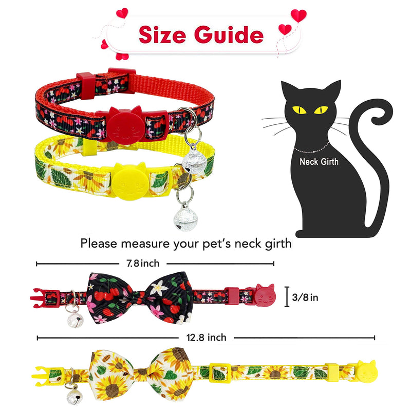 Pohshido 2 Pack Summer Cat Bowtie Collar with Bell, Holiday Safety Breakaway Buckle Kitty Kitten Collars, Assorted Pattern Availables (Adjustable Size from 7.8-12.8 inch) Blossom cherry/Sunflower - PawsPlanet Australia