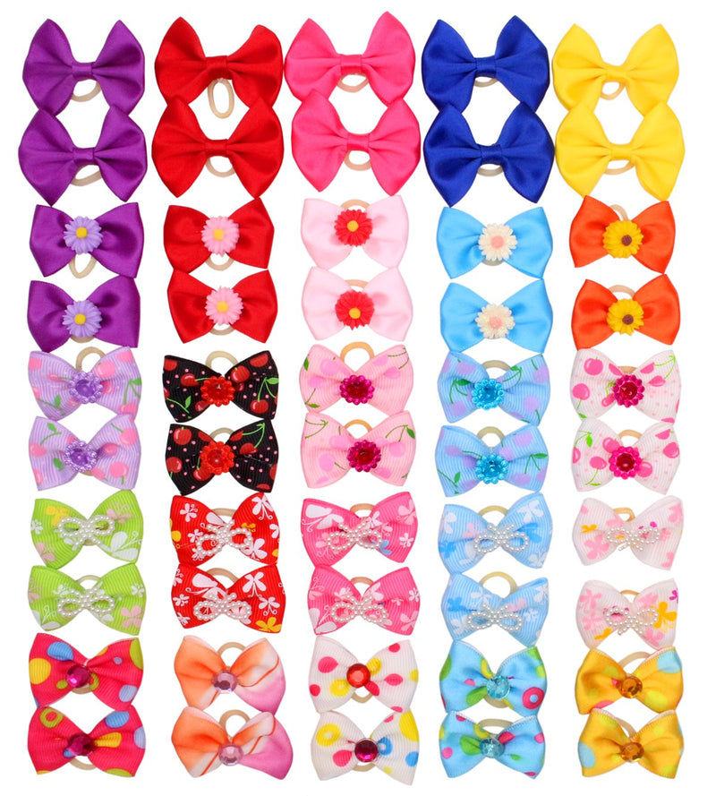 HOLLIHI 50pcs / 25 Pairs Adorable Grosgrain Ribbon Pet Dog Hair Bows with Rubber Bands - Puppy Topknot Cat Kitty Doggy Grooming Hair Accessories Bow knots Headdress Flowers Set for Groomer - PawsPlanet Australia