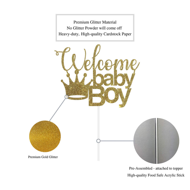 Welcome Baby Boy with Crown Cake Topper for Boy Baby Shower Party Decorations with Premium Gold Glitter - PawsPlanet Australia