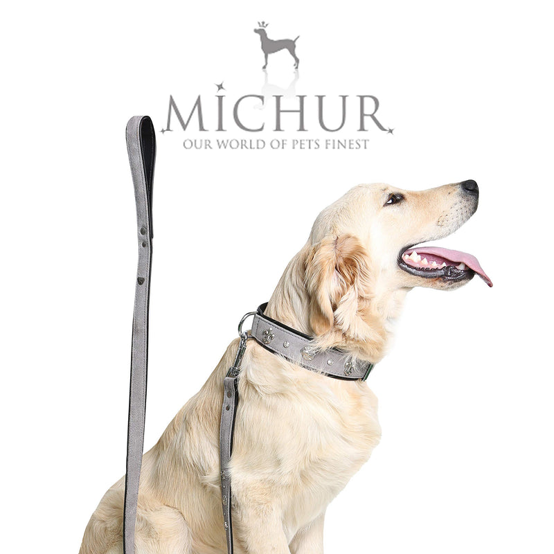 MICHUR Leon dog collar leather, dog collar, dog collar, gray-black, LEATHER, with lilies, rhinestones and lion's head application Neck circumference 18,50-20,87" - PawsPlanet Australia