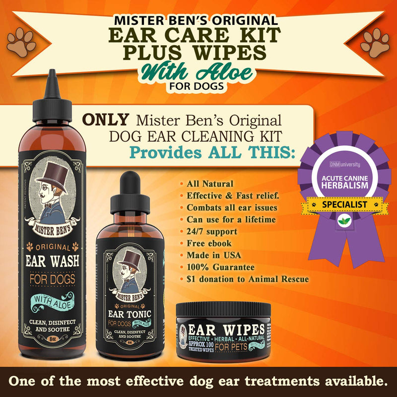 MISTER BEN'S Original Ear Care Kit + Wipes for Dogs - Most Effective Dog Ear Cleaners - Includes Tonic, Wash & Wipes - Fast Relief from infections, itching, Odors, Bacteria, Mites, Fungus & Yeast - PawsPlanet Australia