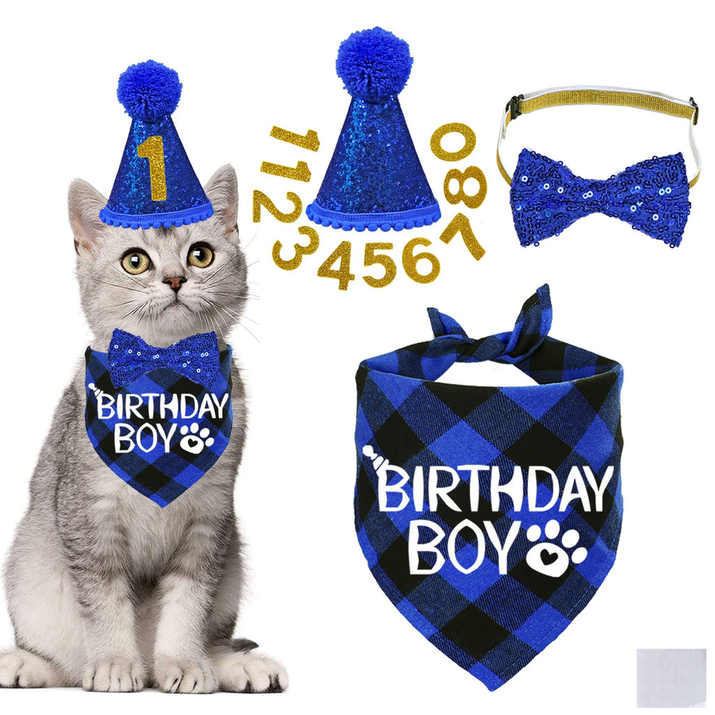 STMK Cat Birthday Party Supplies, Cat Birthday Hat with Cat Birthday Bandana Bow Tie Collar Birthday Number Cat Birthday Decorations for Cat Kitten Birthday Outfits Blue Cat Birthday Hat & Bandana & Bow Tie & Number - PawsPlanet Australia