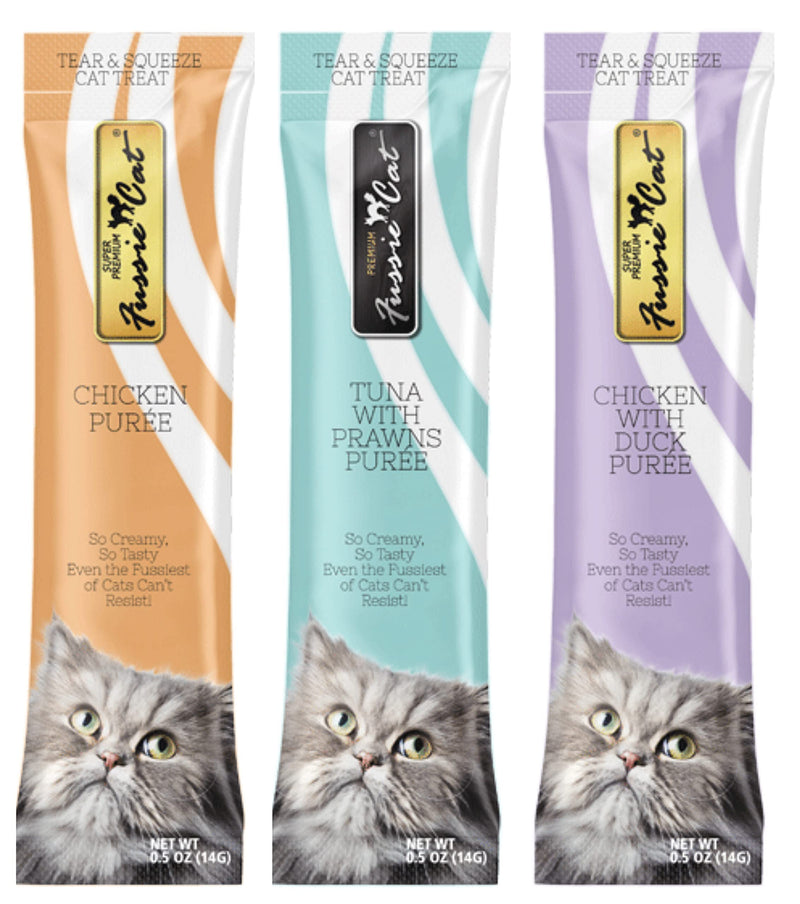 Fussie Cat Puree Grain Free Treat in 3 Flavors: (1) Tuna with Prawns, (1) Chicken with Duck and (1) Chicken (3 Four-Tube Packs, 12 Tubes Total, .5 Ounce per Tube) Plus Silicone Lid - PawsPlanet Australia