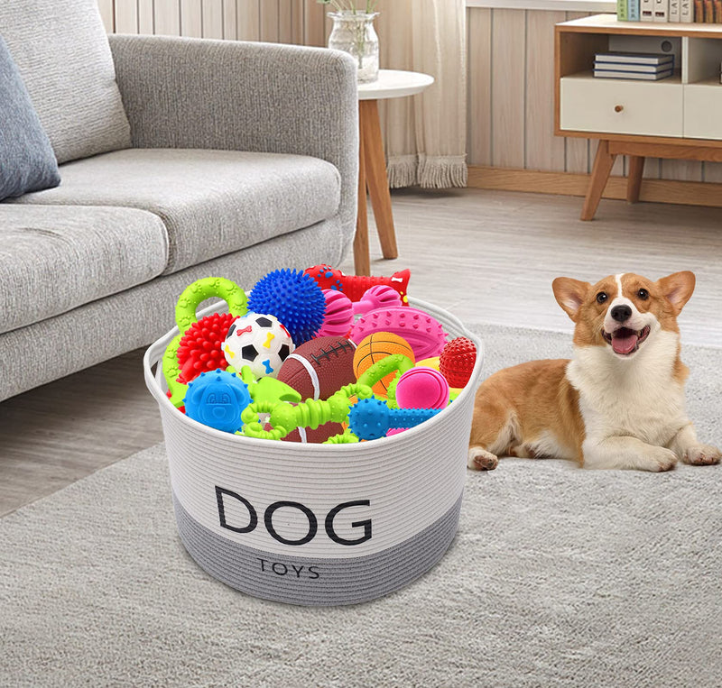 Morezi Durable rope round dog toy basket with handle, large dog bin - Perfect for organizing pet toys, blankets, leashes - WhiteGray White Gray - PawsPlanet Australia