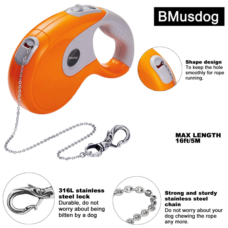 [Australia] - BMusdog Retractable Dog Leash Tangle Free, 3.2mm Thick Stainless Steel Chain Leash, 5M(16FT) One Button Break & Lock Training Walking Leash for Small Medium Large Dogs Orange 