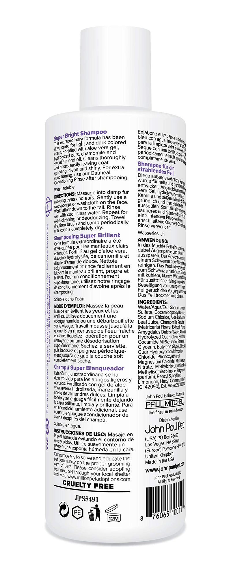 [Australia] - John Paul Pet Super Bright Shampoo for Dogs and Cats, Highlighting Formula Safely Whitens and Brightens Fur, 16-Ounce 