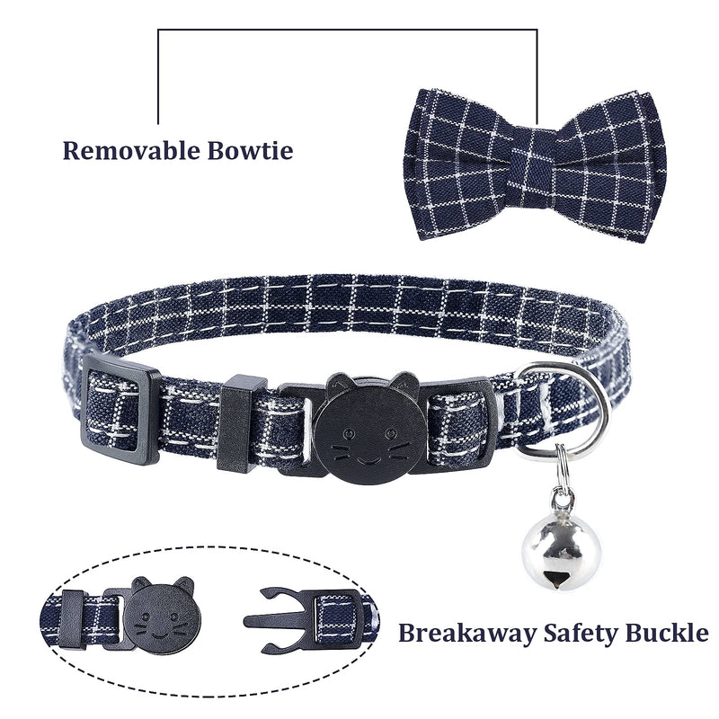 CHOIEO 2 Pcs Cat Collars with Bow Ties and Bell, Plaid Patterns, Breakaway Safety Buckle Kitten Collars, Adjustable & Comfortable Pet Collars Black+Navy Blue - PawsPlanet Australia