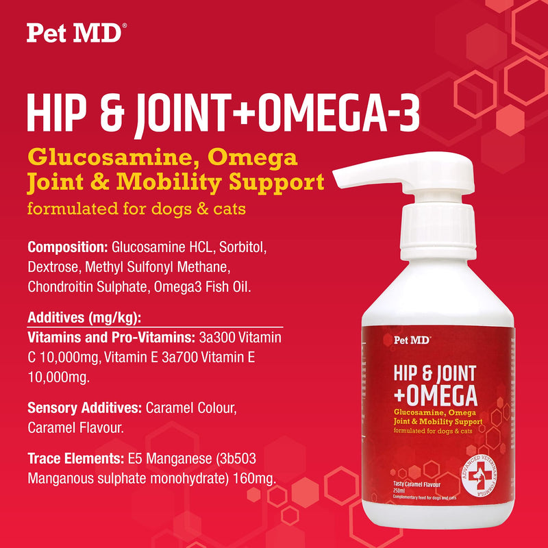 Pet MD Hip and Joint Supplement + Omega 3 for Dogs and Cats, Glucosamine Chondroitin, Liquid Joint Support Supplement with MSM and Vitamin C, 250ml - PawsPlanet Australia