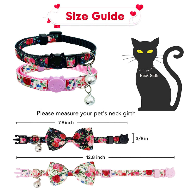 Pohshido 2 Pack Cat Collar with Bow Tie and Bell, Kitty Kitten Floral Rose Breakaway Collar for Males Females Boys and Girls Cats Rose Garden Black / Blush Pink - PawsPlanet Australia