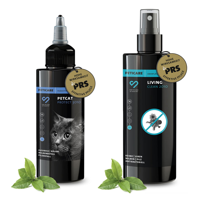 Peticare cat care set itching, mites, grass mites, fleas, fungus - care lotion 100 ml & 250 ml disinfectant, disinfectant spray against fungus mites - set 2136 - PawsPlanet Australia