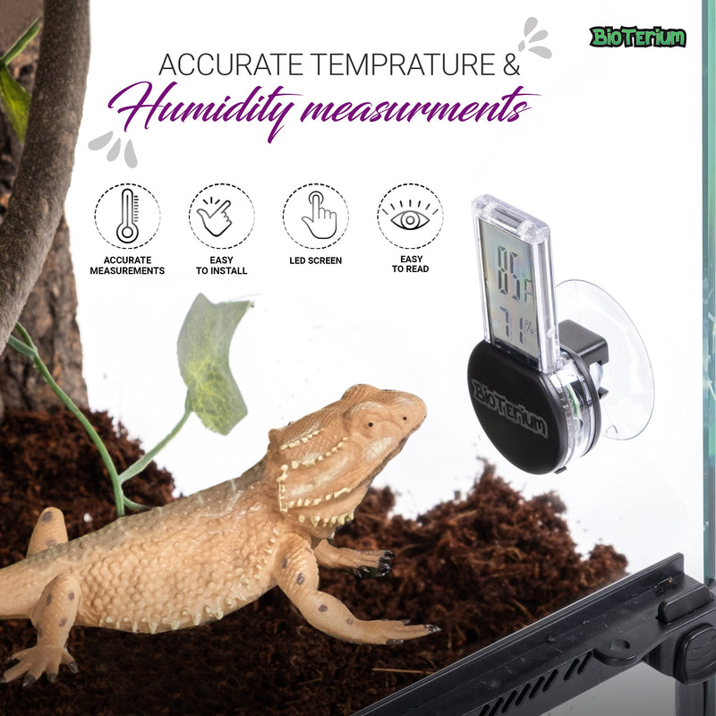 BIOTERIUM Reptile Thermometer and Humidity Gauge | Terrarium Thermometer with LED Display | Monitor Humidity and Temperature | Hygrometer for Reptiles with Suction Cup for Easy Installation - PawsPlanet Australia