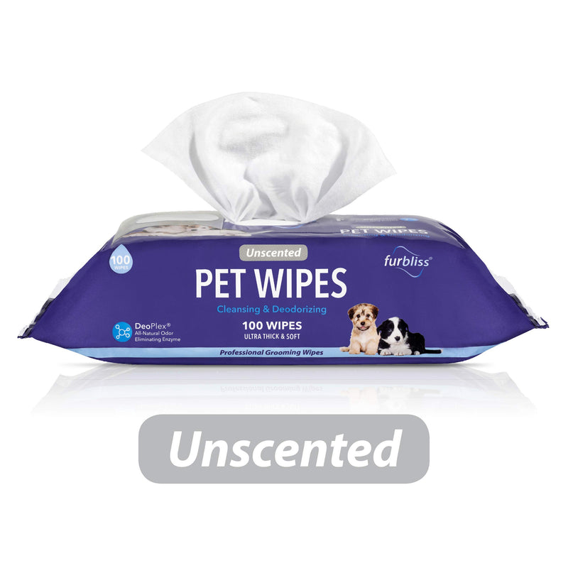 [Australia] - Furbliss Hygienic Pet Wipes for Dogs & Cats, Cleansing Grooming & Deodorizing Hypoallergenic Thick Wipes with All Natural Deoplex Deodorizer 100ct Pack Unscented 100ct Pouch 