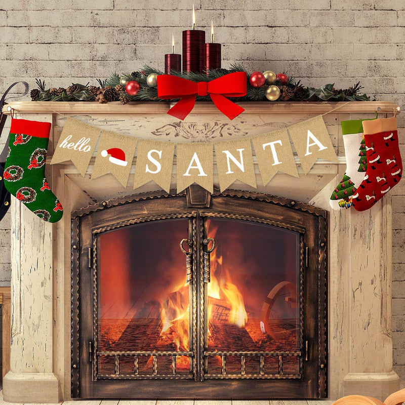 Jute Burlap Hello Santa Banner Santa Claus Christmas Fireplace Mantel Bunting Garland Decoration - PawsPlanet Australia