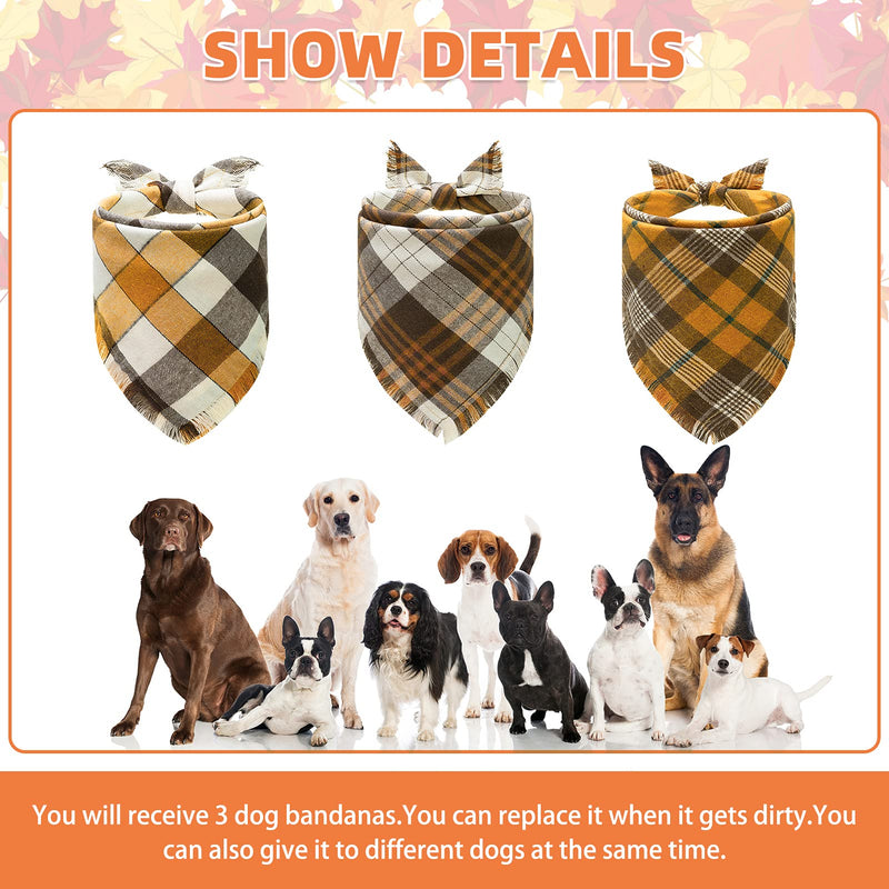 Dog Bandana Plaid Bandana - Washable Replaceable Scarf Soft Pet Square Tassels Brown and Orange Autumn Triangle Bids - PawsPlanet Australia