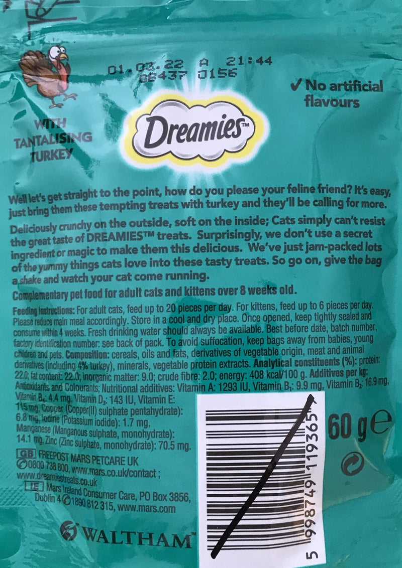 Dreamies Cat Treats Bundle - 2 Flavours - Tantalising Turkey and Scrumptious Salmon & Delicious Cheese 60g (one of each) - PawsPlanet Australia