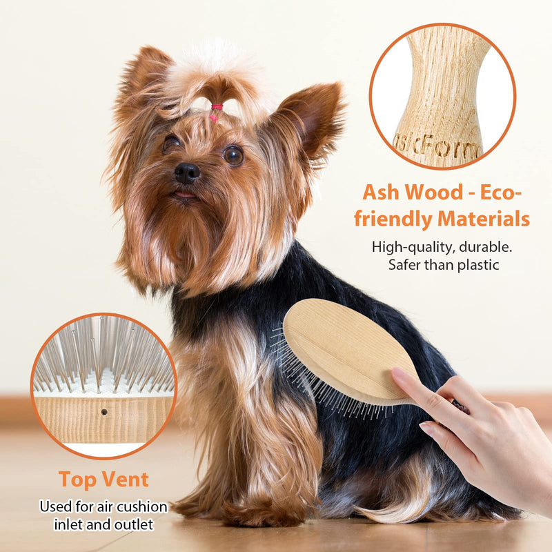 BasicForm Dog Brush, Pin Brush for Dogs with 27mm Extra Long Stainless Steel Pins, Dog Pin Brush for Longhaired Dogs, Dog Grooming Brush - Ash Wood Material, Non-Slip Rubber Handle, Round-Tipped Pins - PawsPlanet Australia