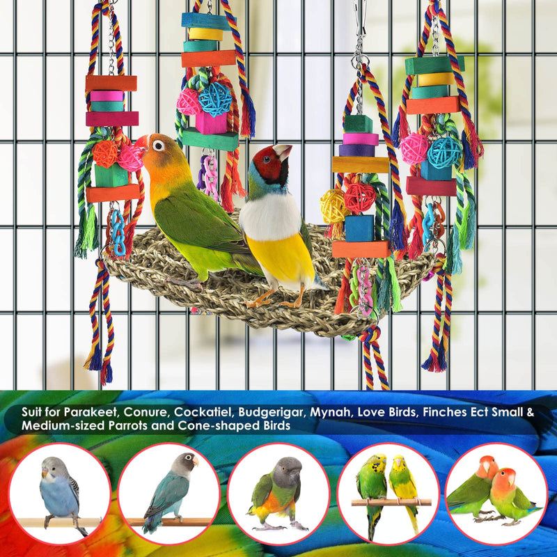 KATUMO Bird Toys, Bird Foraging Wall Toy, Edible Seagrass Woven Climbing Hammock Swing Mat with Colorful Chewing Toys, Suitable for Lovebirds, Finch, Parakeets, Budgerigars, Conure, Cockatiel - PawsPlanet Australia
