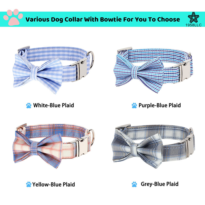 Dog Collar with Bow Tie Cute Pet Collar with Alloy Buckle & D Ring Adjustable Soft Dog Collar for Small Medium Large Boy Dogs Cats Grey-Blue Plaid XS( 7.8"-11.8") - PawsPlanet Australia