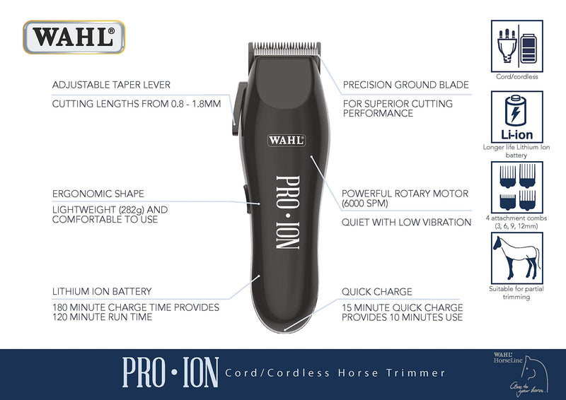 Wahl Pro Ion Cord/Cordless Horse Trimmer, Rechargeable Equine Trimmers, Maintaining Horse’s Face, Ears, Bridlepath and Legs, Low Noise Cordless Pet Clippers, Ergonomic and Light, Grooming Kit - PawsPlanet Australia