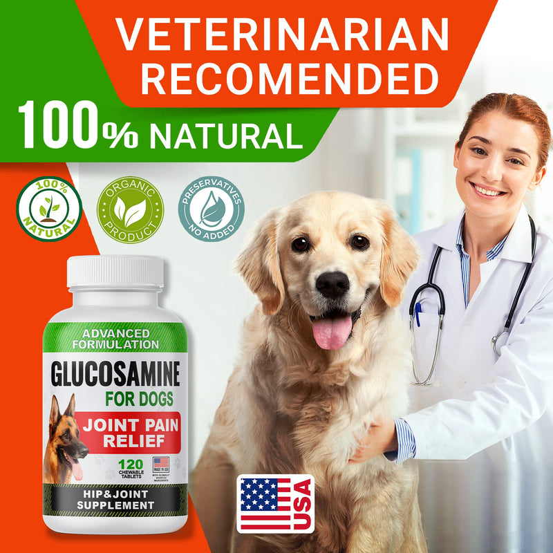 Glucosamine Tablets for Dogs - Joint Supplement w/ Omega-3 Fish Oil - Chondroitin, MSM - Advanced Mobility Chews - Joint Pain Relief - Hip & Joint Care - 120 Ct - Made in USA 120 Chewable Tablets - PawsPlanet Australia