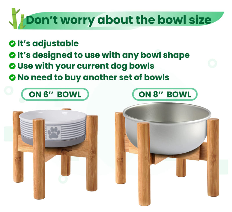 Dog Bowl Stand for Feeders and Bowls 6 to 8 Inch Dia - Adjustable Elevated Raised Food Dish - Small (7.5 Inch High) For Bowls 6"-8", Bamboo Natural Bamboo - PawsPlanet Australia