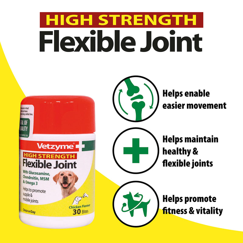 Vetzyme | High Strength Flexible Joint Tablets for Dogs, Promotes Supple and Mobile Joints | Tasty Chicken Treats with Glucosamine & Omega 3 (30 Tablets) 30 Tablets - PawsPlanet Australia