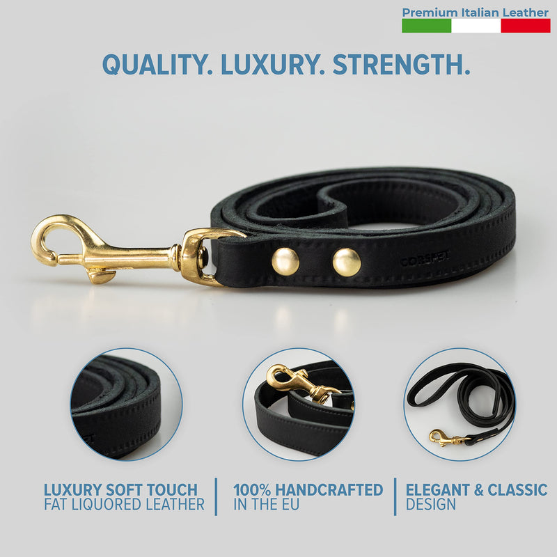Corspet Full Grain Liquored LEATHER DOG LEAD With Exclusive Solid Brass Hardware - Super Soft Touch Real Leather - Heavy Duty Leather Pet Leash for Large Dogs and X Large Dogs - Handmade in the EU Large - 120 CM Black - PawsPlanet Australia