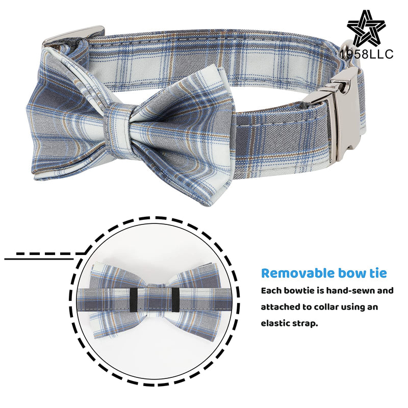 Dog Collar with Bow Tie Cute Pet Collar with Alloy Buckle & D Ring Adjustable Soft Dog Collar for Small Medium Large Boy Dogs Cats Grey-Blue Plaid XS( 7.8"-11.8") - PawsPlanet Australia