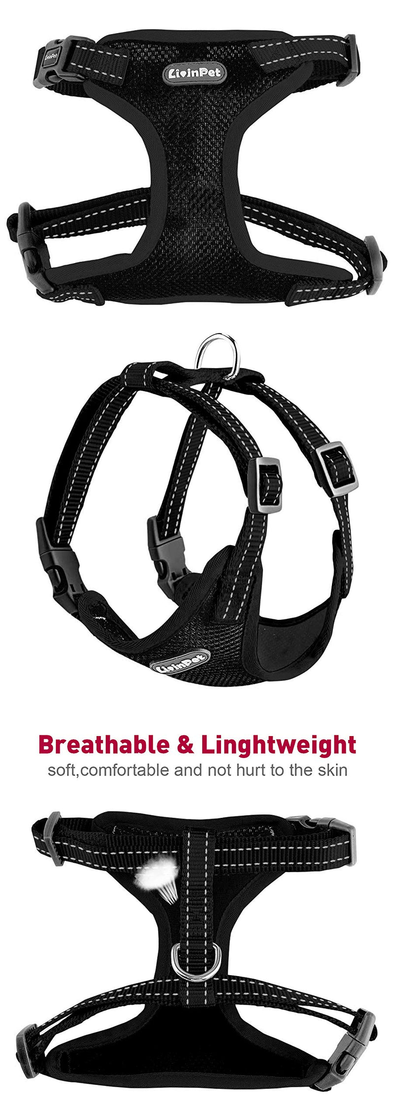 [Australia] - LivinPet No-Choke Dog Vest Harness w/Reflectieve Accents, D-Ring, Adjustable Straps and Quick-Release Buckles for Girl/Boy Puppies of Small/Medium/Large Breeds - Heavy Duty, Easy On/Off, Cooling S (neck/13-19", chest/17-21") Black 