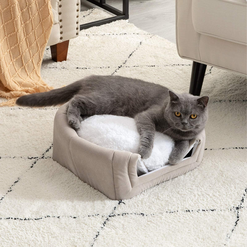 Bedsure Cet Tent Cave Bed for Cats Small Dogs - 15/19 inches 2-in-1 Cat Tent Kitty Bed Cat Hut with Removable Washable Cushioned Pillow, Microfiber Indoor Outdoor Pet Beds S(15x15x15) Beige - PawsPlanet Australia