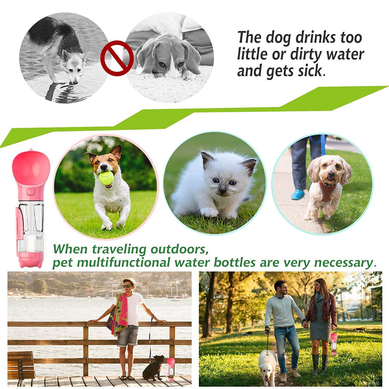 Dog Travel Water Bottle for Walking - 300ml Portable Pet Water Dispenser with Food Container and Dog Waste Bag Poop Shovel Multifunctional Detachable Design Food Grade Leak Proof BPA Free (Pink) Pink - PawsPlanet Australia