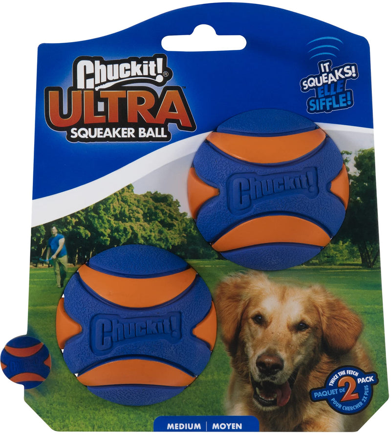 Chuckit - Ultra Squeaker Ball 2 Pack - 1 piece & Max Glow Dog Ball High Visibility Glow In The Dark Bouncy Rubber Night Time Fetch Toy - Medium (6.4cm) Multi 2 Count (Pack of 1) + Glow Dog Ball - PawsPlanet Australia