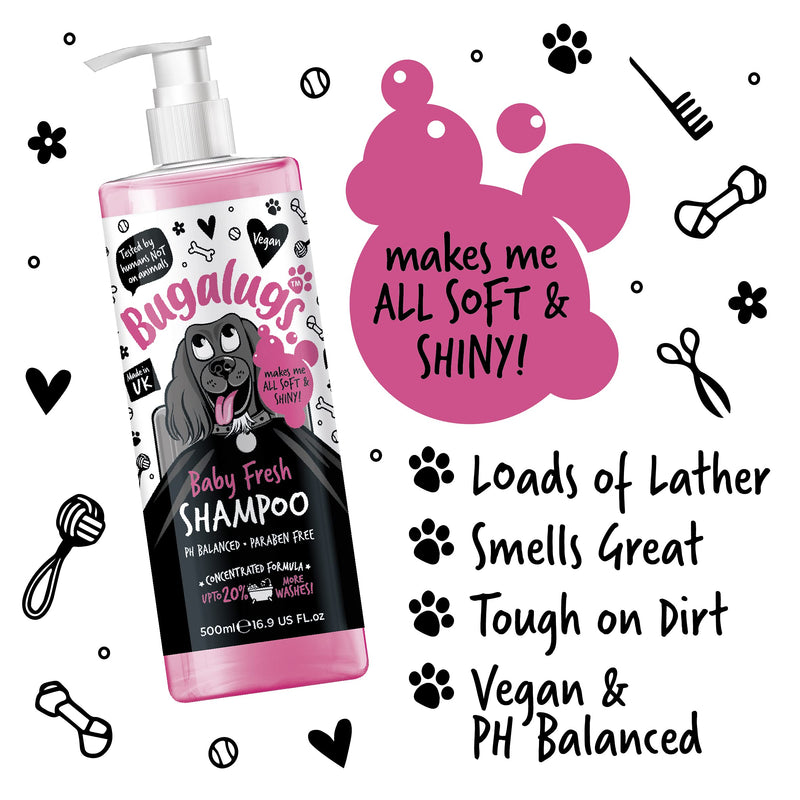 BUGALUGS Baby Fresh Dog Shampoo 500ml dog grooming shampoo products for smelly dogs with baby powder scent, best puppy shampoo baby fresh, shampoo conditioner, Vegan pet shampoo professional (500ml) 500 ml (Pack of 1) - PawsPlanet Australia