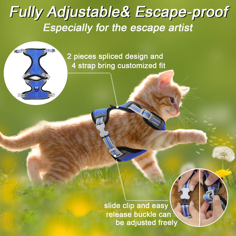 Cat Harness and Leash Set Escape Proof Kitten Harness Adjustable Cat Vest Harness with Reflective Strip Universal Cat Leash and Harness for Cats/Puppies Outdoor Walking Small (Chest: 13.7" - 16.2") Blue - PawsPlanet Australia