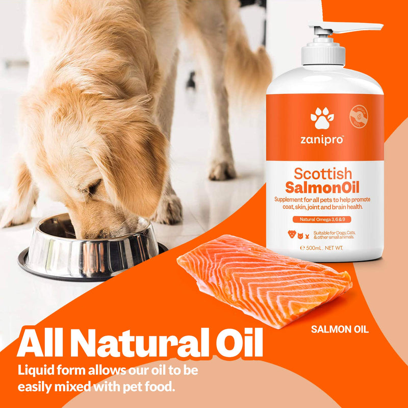 Zanipro Pure Scottish Salmon Oil for Dogs & Cats - UK Made - 100% Natural Omega 3, 6 and 9 Fish Oil Food Supplement - For Healthy Coat, Itchy Skin, Brain, Joint and Immunity (500 ml) - PawsPlanet Australia