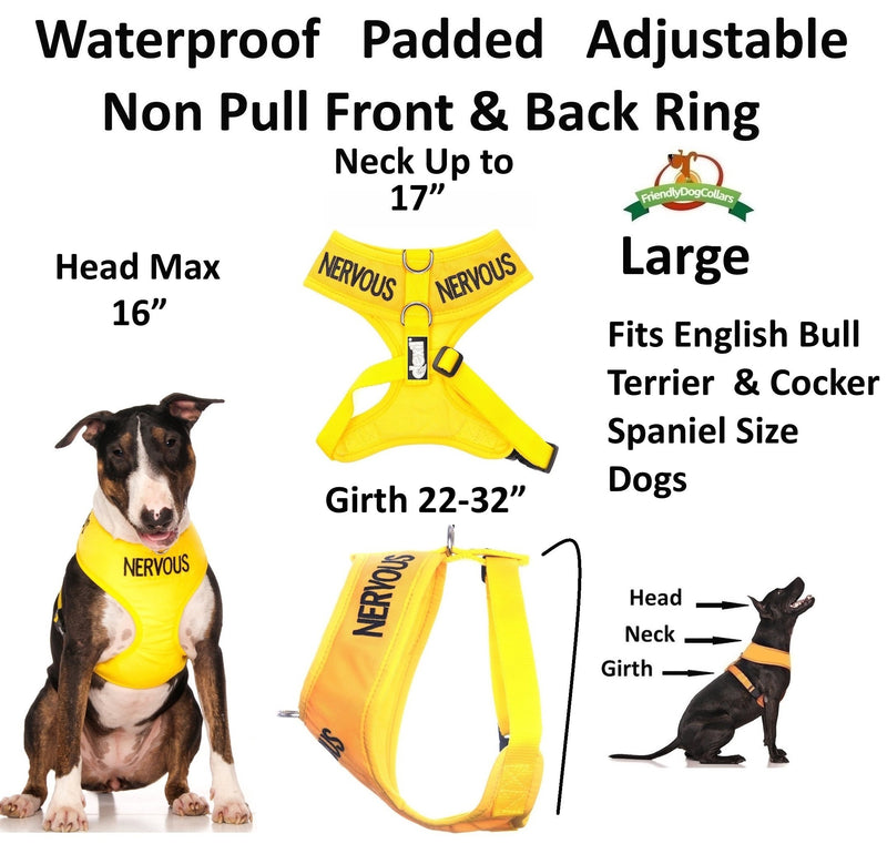 [Australia] - Dexil Limited Nervous (Give Me Space) Yellow Color Coded Non-Pull Front and Back D Ring Padded and Waterproof Vest Dog Harness Prevents Accidents by Warning Others of Your Dog in Advance Large Harness 22-32inch Chest/Girth 