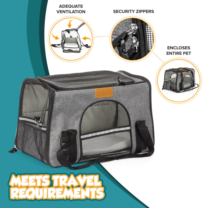 Petlicity Pet Carrier Linen Effect Folding Bag With Top And Side Opening, Removable Mat, Pet Dog Cat Puppy Transport, Breathable Mesh, Polar Fleece, Faux Leather with shoulder Strap (M (up to 17lb)) M (up to 17lb) - PawsPlanet Australia