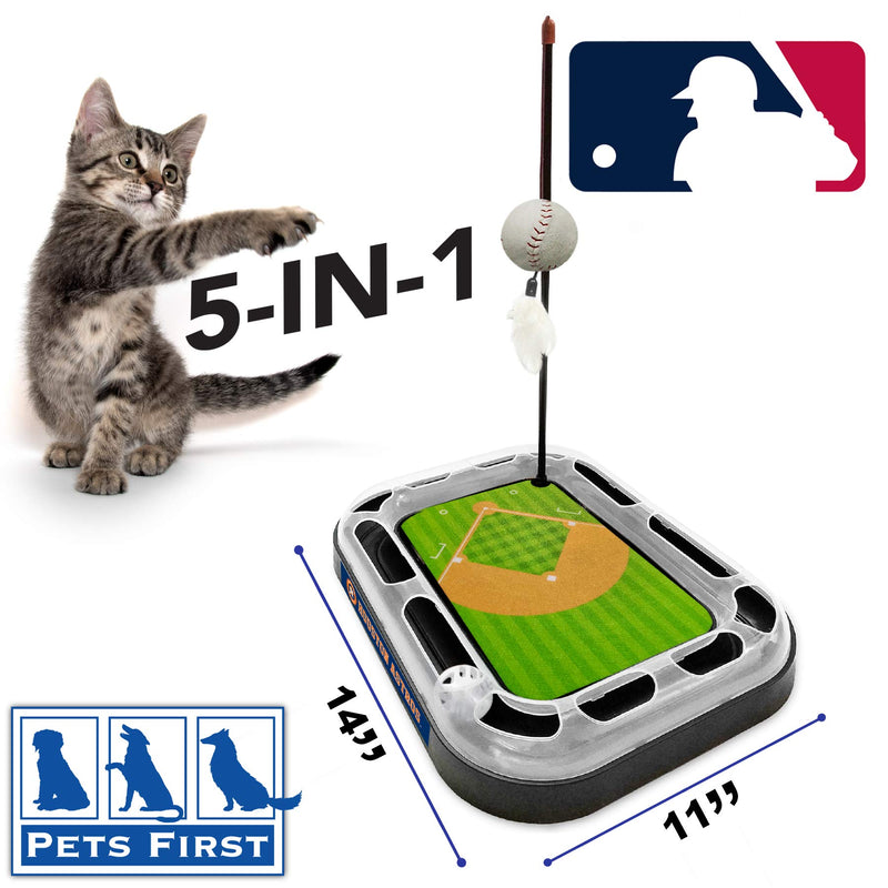 Pets First Cat Scratching Toy MLB Houston Astros Baseball Field Cat Scratcher Toy with Interactive Cat Ball Bell in Tracks. 5-in-1 CAT Toy: Cat Wand Poll with Catnip Filled Plush Baseball & Feathers. 14 x 11" - PawsPlanet Australia