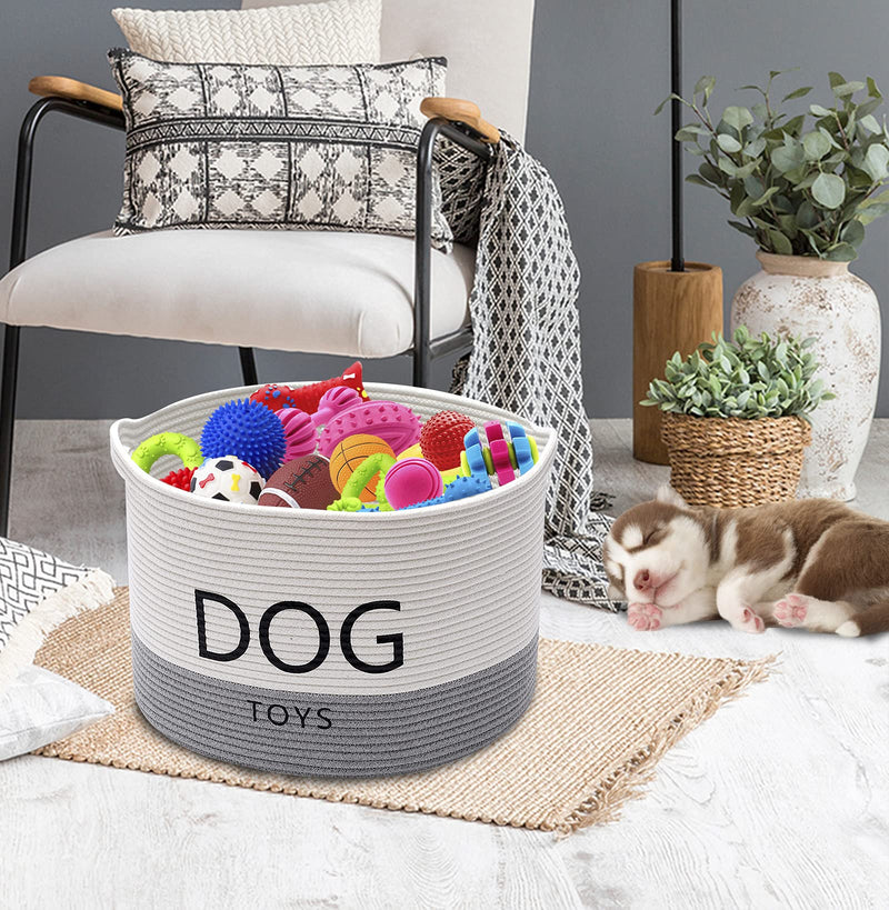 Morezi Durable rope round dog toy basket with handle, large dog bin - Perfect for organizing pet toys, blankets, leashes - WhiteGray White Gray - PawsPlanet Australia