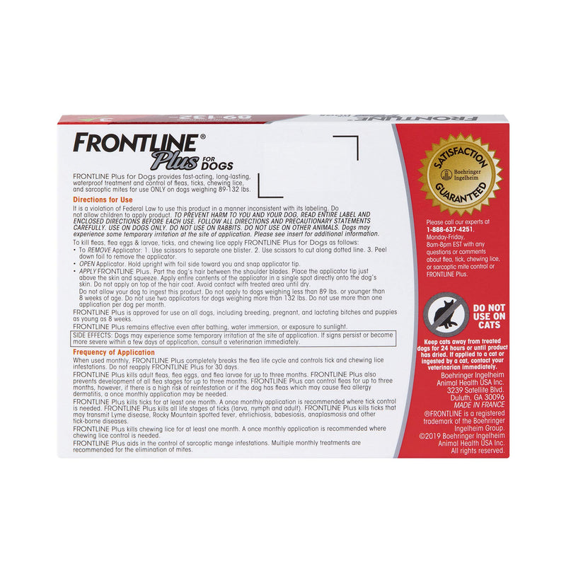 FRONTLINE Plus Flea and Tick Treatment for Dogs (Extra Large Dog, 89-132 Pounds, 3 Doses) - PawsPlanet Australia