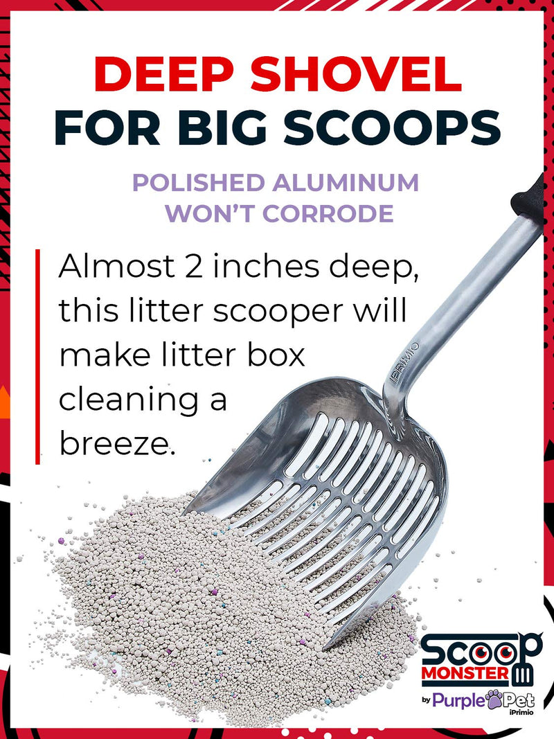 [Australia] - iPrimio Scoop Monster Cat Litter Scooper with 17 Inch Long Handle and Soft Grip - Sturdy Extra Large Deep Shovel Scoop - for Sore Hands Too Silver 