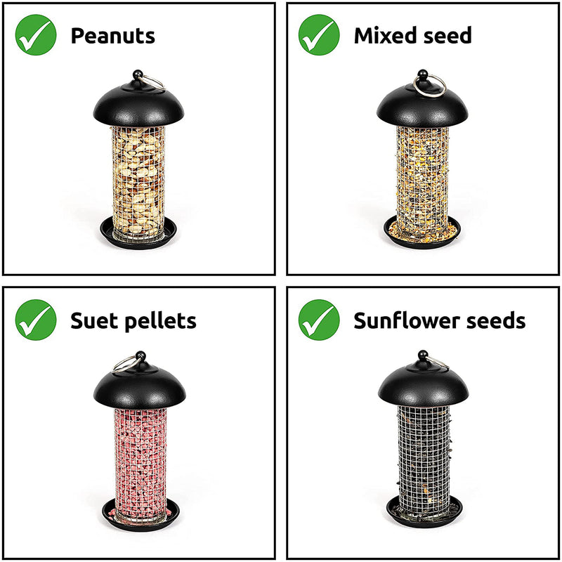 iBorn Metal Bird Feeders Hanging For Small Birds, Wild Birds Seed Feeder, Peanut bird Feeder, Hanging Bird Feeder for Mix Seeds, Mini Seed Feed X1 & Nut Feeders X1, Black Set of 2 - PawsPlanet Australia