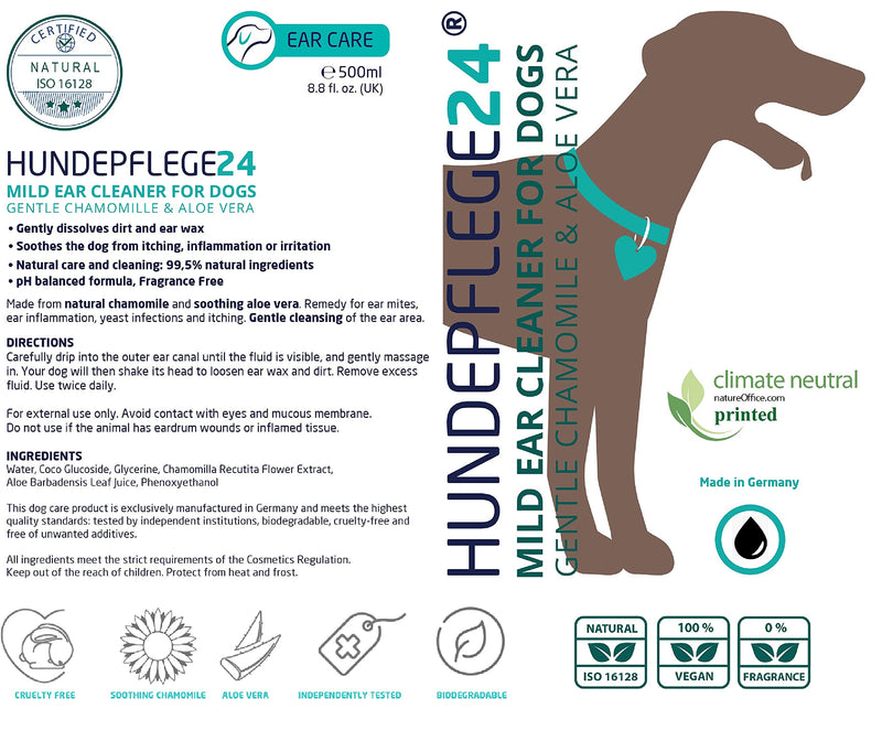 Hundepflege24 - Dog Ear Cleaner 250ml – Stops Itching, Head Shaking & Odors within Days - Natural Ear Drops for Dogs & Cats with Chamomile + Aloe Vera - Ear Care & Ear Cleaning - PawsPlanet Australia