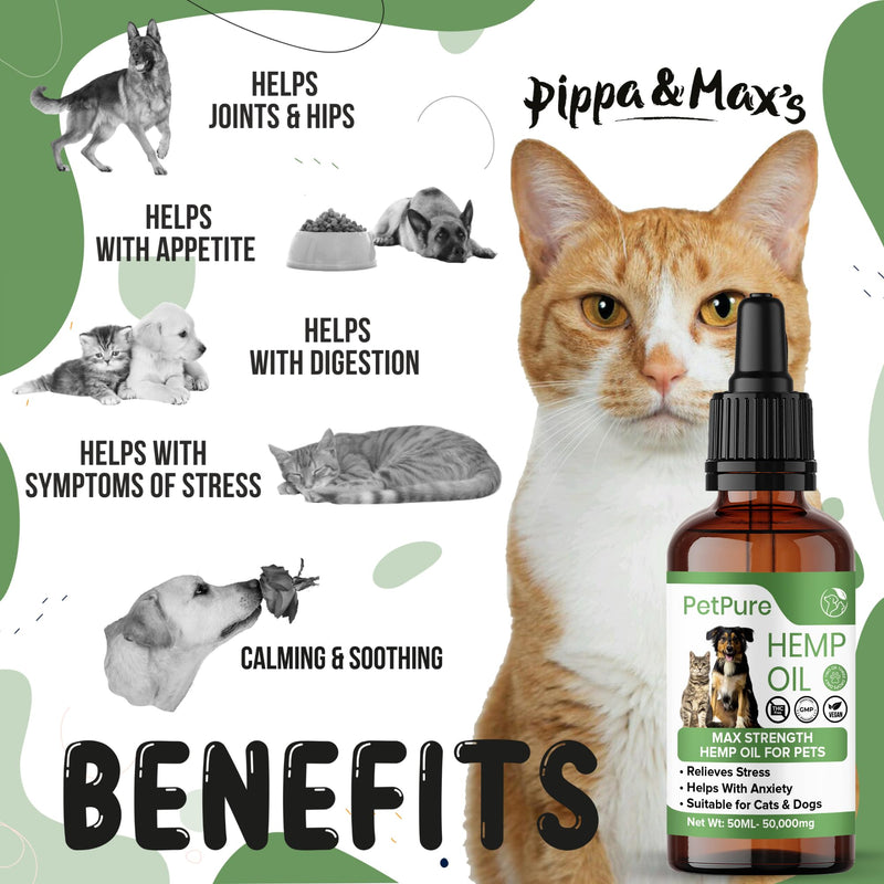 Pippa & Max Hemp Oil for Dogs and Cats - 50,000mg 50ml - Hemp Extract Made in the UK - Natural for Pets - PawsPlanet Australia