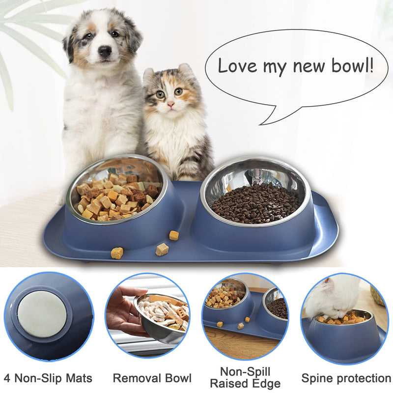 Suhaco Double Dog Bowl Raised Dog Food Bowl Non Slip Stainless Steel Double Bowls with Non-spill for Small Dogs and Cats (Dark Blue) - PawsPlanet Australia