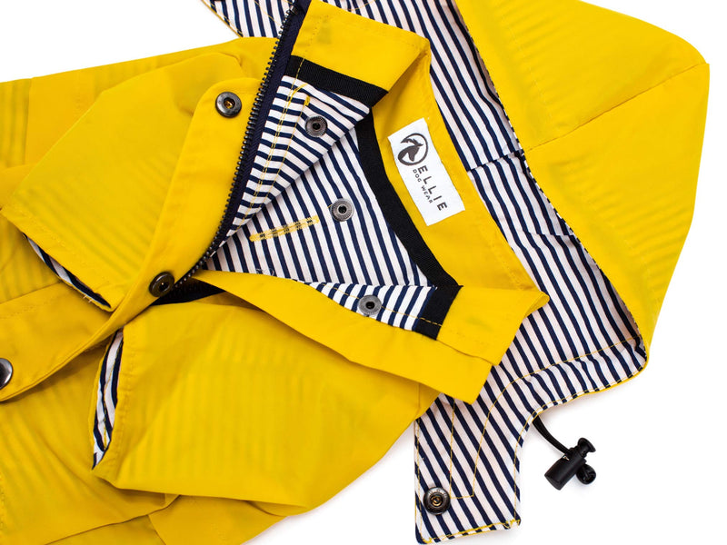 Ellie Dog Wear Yellow Zip Up Dog Raincoat with Reflective Buttons, Pockets, Rain/Water Resistant, Adjustable Drawstring, & Removable Hood - Size XXS to XXL - Stylish Premium Dog Raincoats Small - PawsPlanet Australia